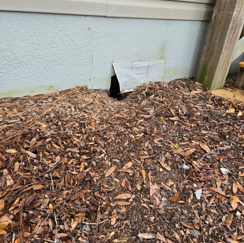 A damaged foundation vent, its surface twisted to reveal a hole behind