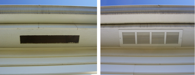 A soffit vent, formerly open but now excluded